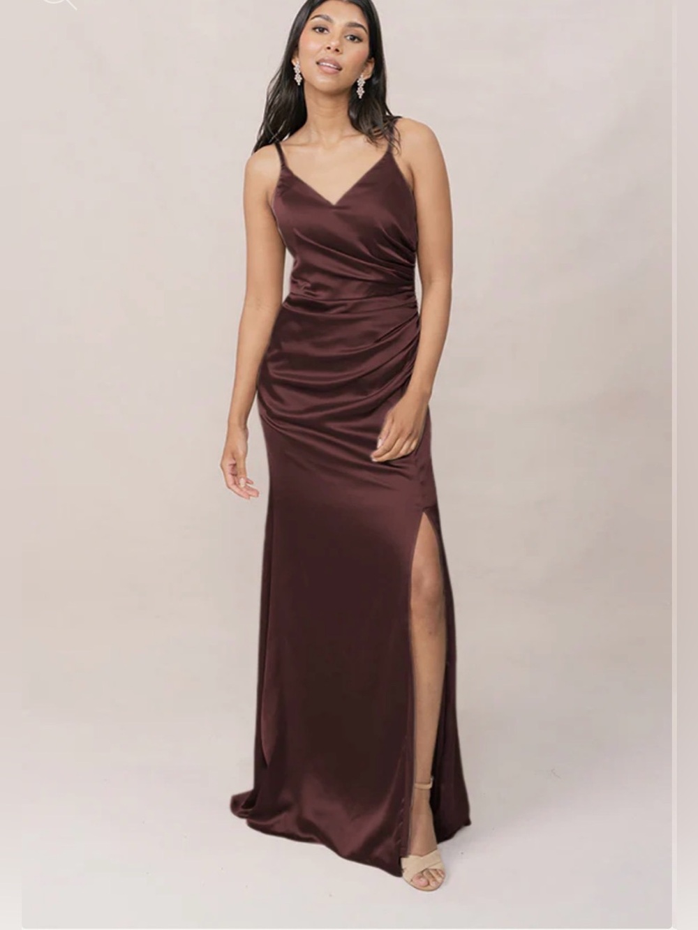 Revelry Satin V-Neck Maxi Gown in Deep Chocolate